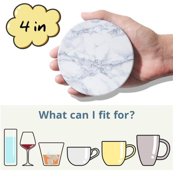 Set of 6 Coasters for Drinks White Marble-Style Absorbent Coasters with Holder - Picture 5 of 6